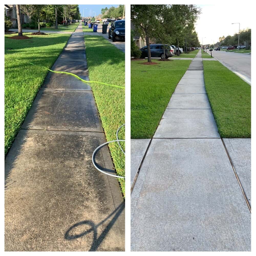 suburban sidewalk in neighborhood before and after being pressure washed in Bergen County