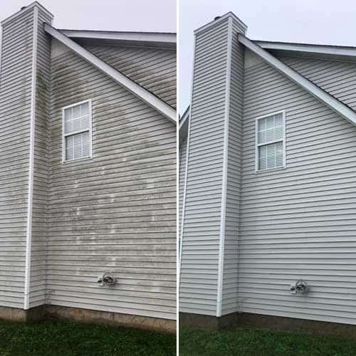 before and after photo of side of house that was recently pressure washed in Bergen County