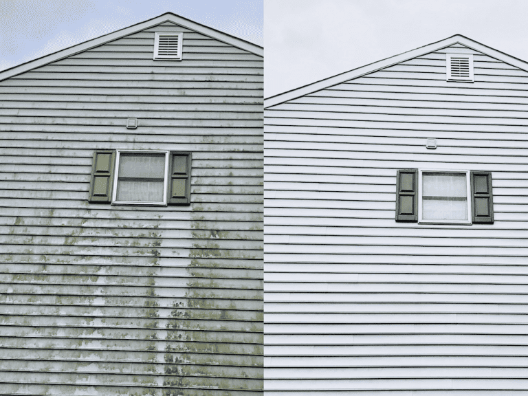 house siding with grime and after photo of clean siding in Essex County